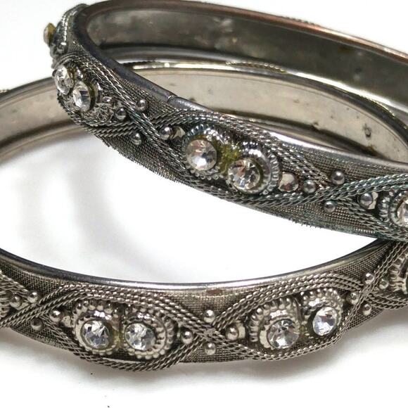 Set of 2 Vintage Silver Tone Mesh Bangle Bracelets, Clear Rhinestones, 8 1/4 In - Picture 8 of 8
